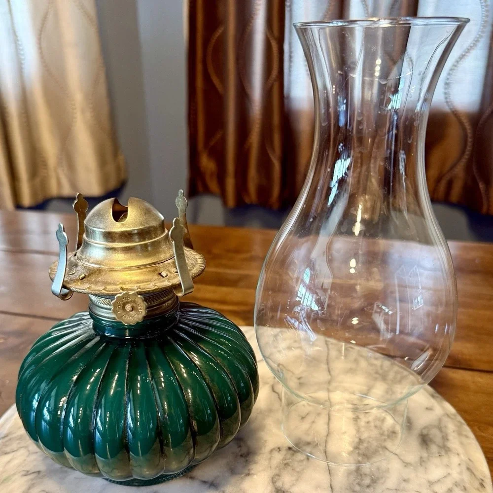 VTG Pumpkin Oil Lantern Lamp Lamplight Farms Green Glass Cottagecore 330 USA 13
